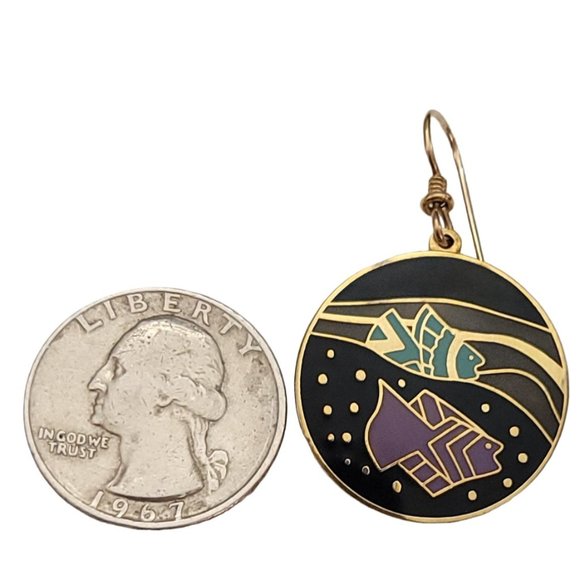 Laurel Burch Purple Green Black Enamel Tropical Fish French Hook Earrings, K895 - Picture 4 of 6